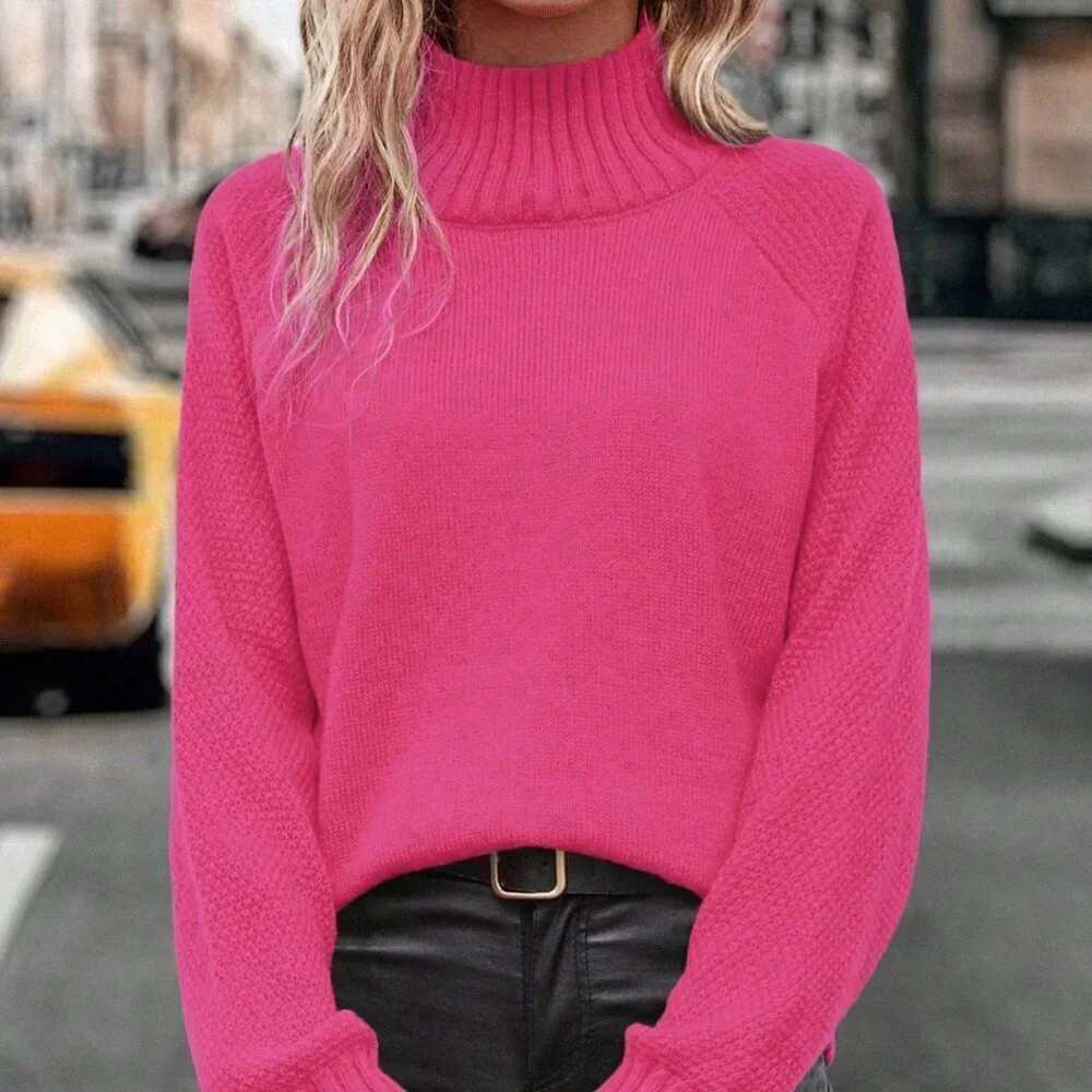 Hot Pink Casual Women's Stand Collar Raglan Sleeve Knit Pullover Sweater